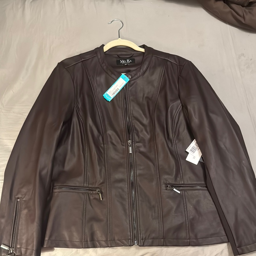 Chocolate Brown Leather Moto Jacket with Diagonal Zipper